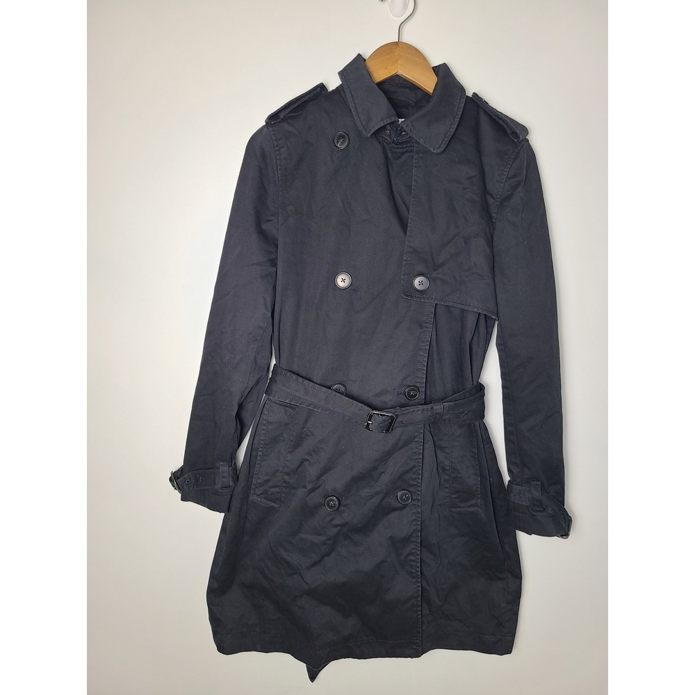 Vtg Gap Wm Med Black Double Breasted Belted Trench Coat Jacket Minimalist Quiet